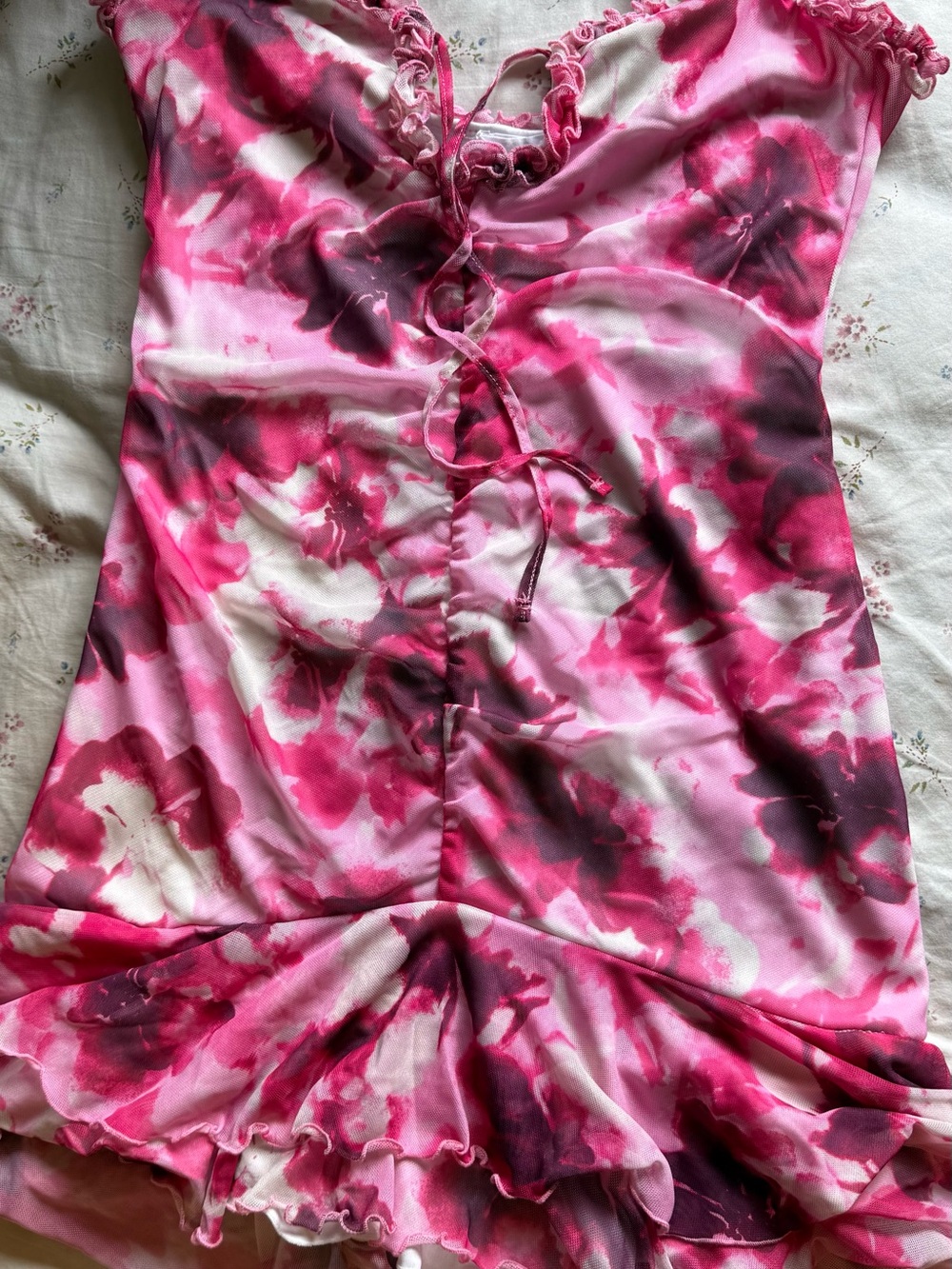 Ardene Pink and White Tie-Dye Lace-Up Slip Dress